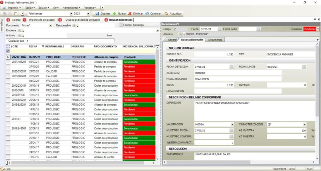 Pantalla de gestión de incidencias en Prologic ERP