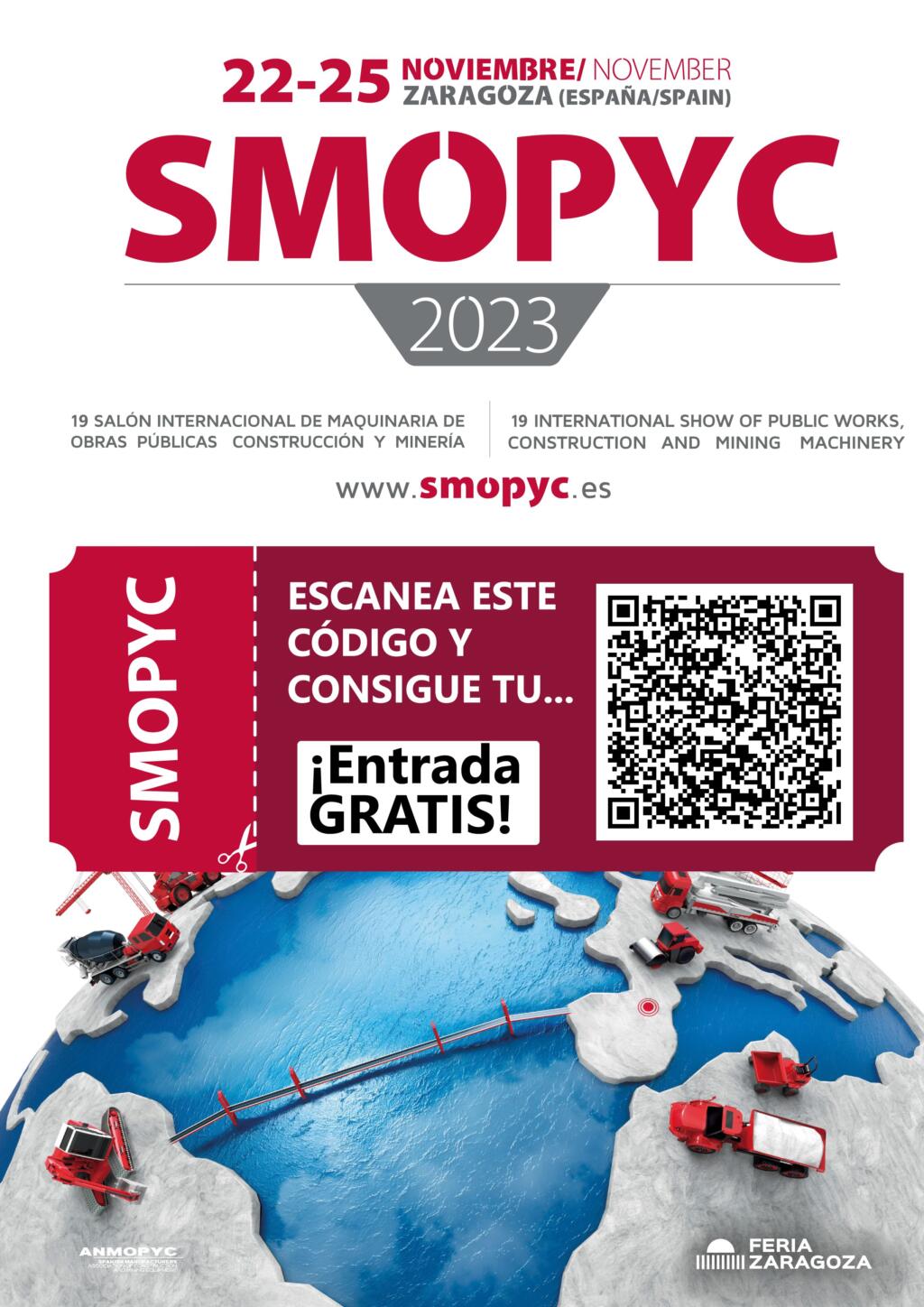 Cartel del evento SMOPYC 2023 en Zaragoza del 22-25 de noviembre, destacando entrada gratuita con código QR.