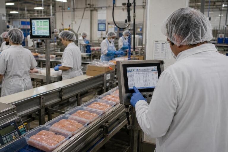 Operarios en fábrica procesadora de alimentos, revisando control de calidad de productos en la línea de producción.