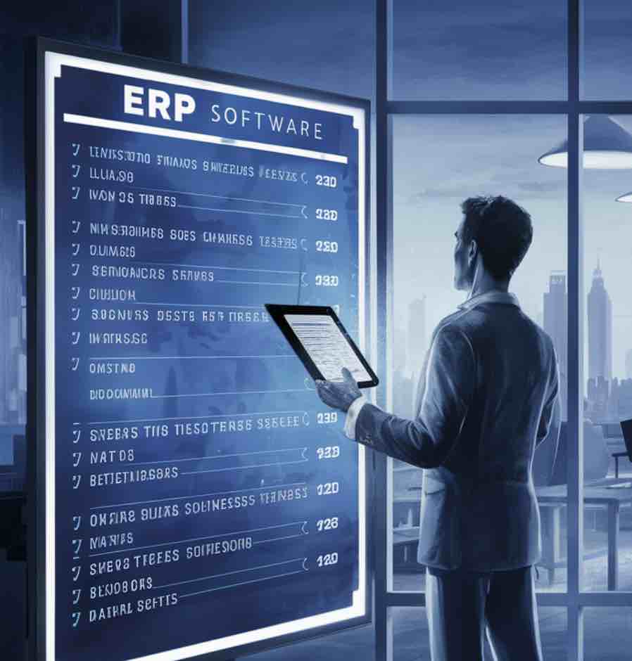 Hombre con tableta revisando software ERP en oficina moderna