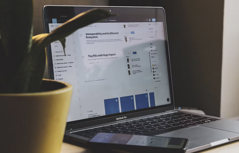 Portátil con contenido digital junto a una planta, espacio de trabajo