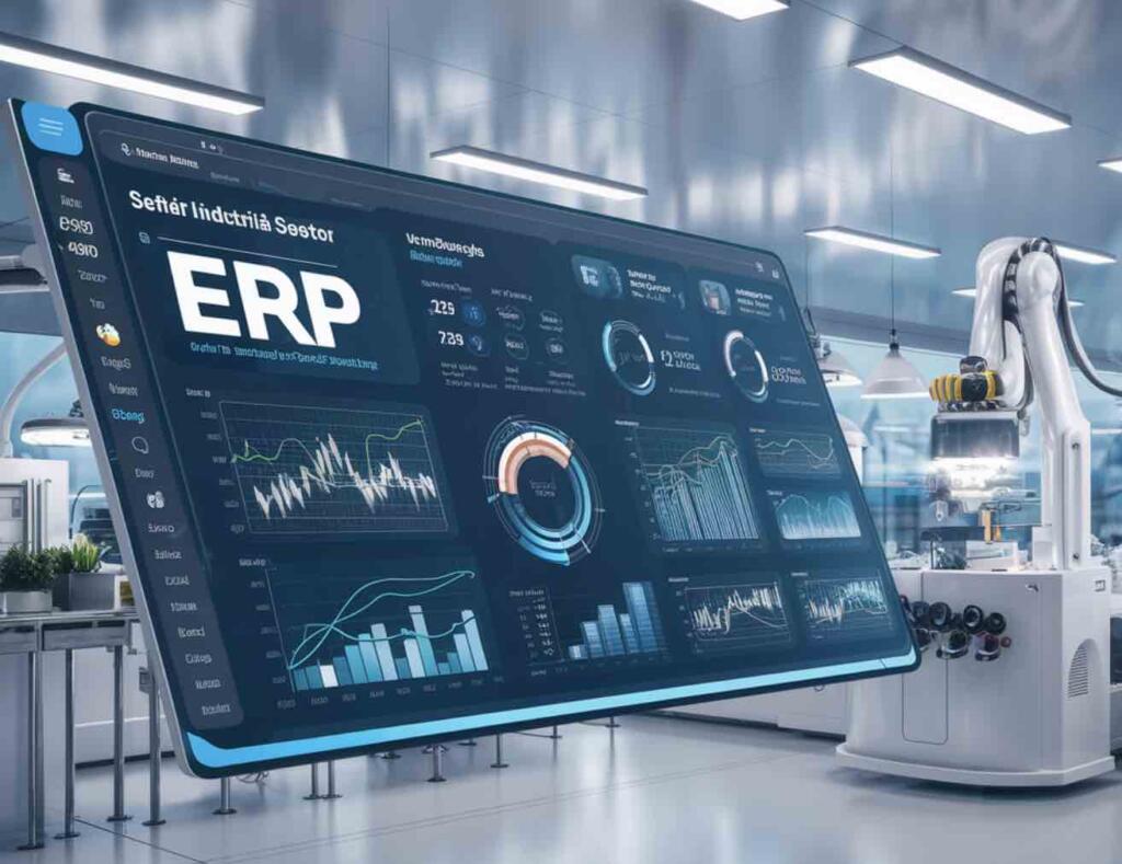 Pantalla de gestión ERP en fábrica moderna con gráficos y robot industrial