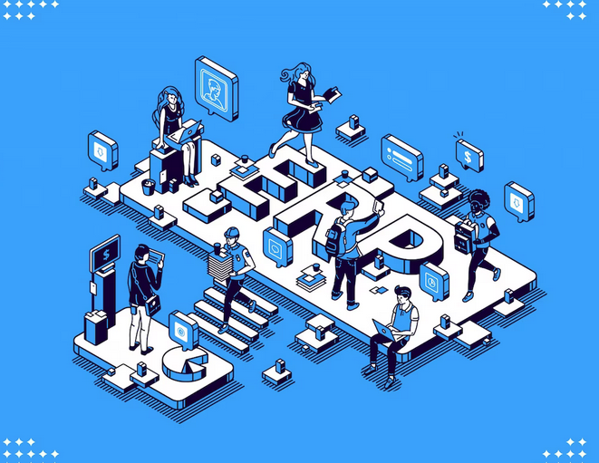 Ilustración de tecnología digital y colaboración en línea, con personas interactuando en un entorno virtual.