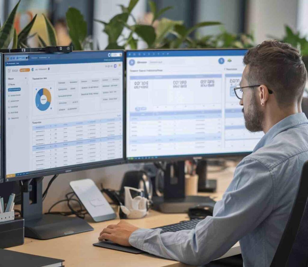 Persona analizando datos en dos monitores en oficina moderna