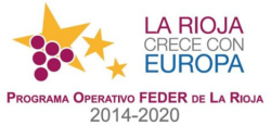 Logotipo del Programa Operativo FEDER La Rioja 2014-2020 con estrellas y racimo de uvas.