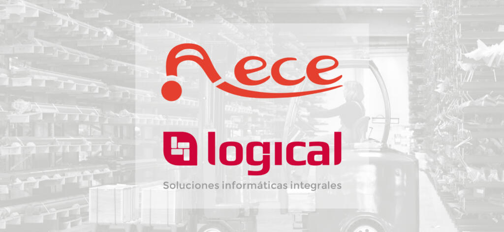 Logotipo de Aece y Logical en almacén con eslogan: Soluciones informáticas integrales.