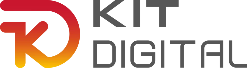 Logotipo de Kit Digital con diseño en rojo y amarillo, texto gris, fondo transparente.