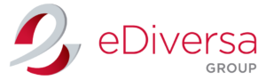 Logotipo de eDiversa Group con diseño moderno en rojo y gris, destacando la letra e estilizada.