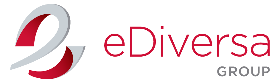Logotipo de eDiversa Group con diseño moderno en rojo y gris, destacando la letra e estilizada.