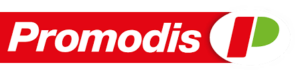 Logotipo de Promodis en rojo con detalles verdes y blancos.