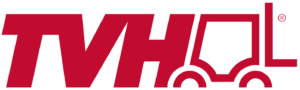 Logo de TVH en color rojo con diseño de un montacargas integrado en las letras.