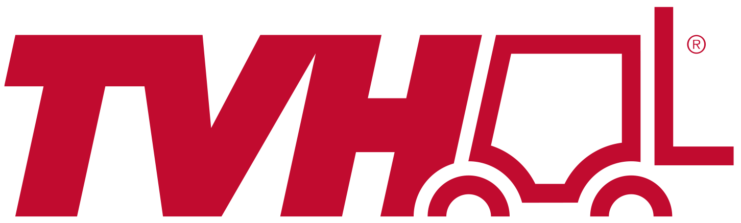 Logo de TVH en color rojo con diseño de un montacargas integrado en las letras.