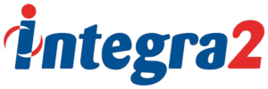 Logo de Integra2 en azul y rojo, tipografía moderna, fondo transparente.
