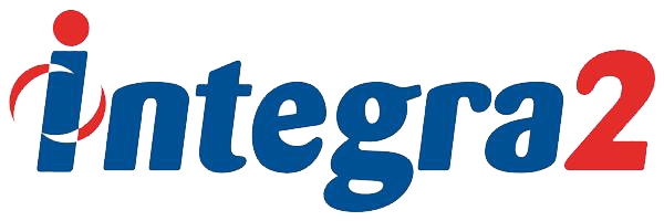 Logo de Integra2 en azul y rojo, tipografía moderna, fondo transparente.