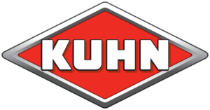 Logotipo de KUHN en fondo rojo con letras blancas y borde gris. Marca de maquinaria agrícola.