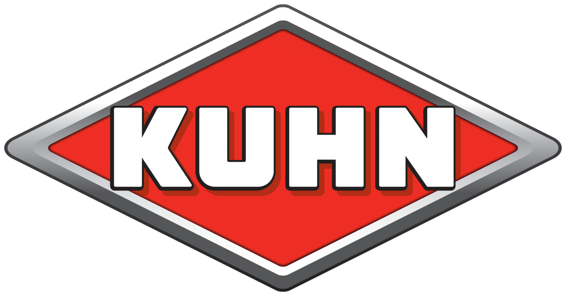 Logotipo de KUHN en fondo rojo con letras blancas y borde gris. Marca de maquinaria agrícola.