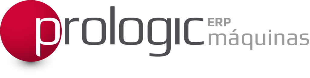 Logo de Prologic ERP Máquinas, fondo blanco, texto gris y esfera roja detrás de la letra P.
