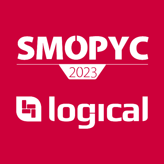 Logotipo SMOPYC 2023 y Logical sobre fondo rojo: evento de maquinaria