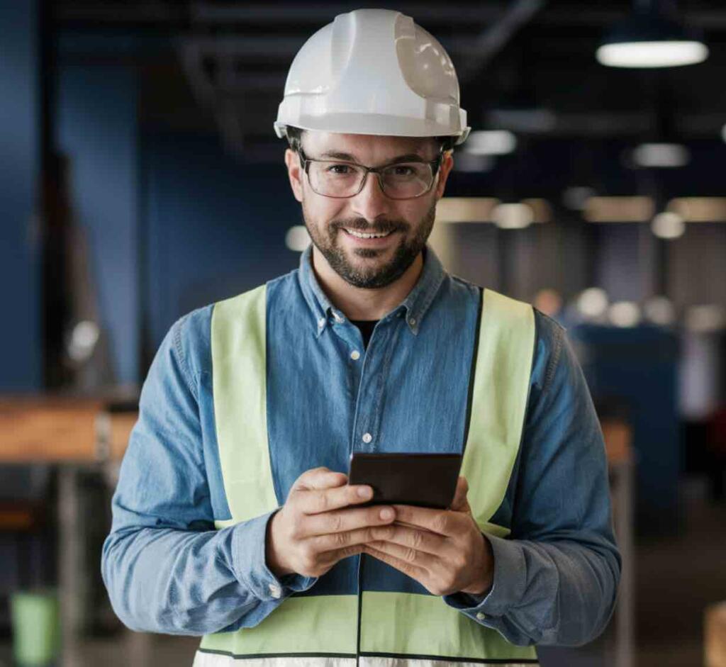 Trabajador con casco y chaleco usando smartphone en entorno industrial